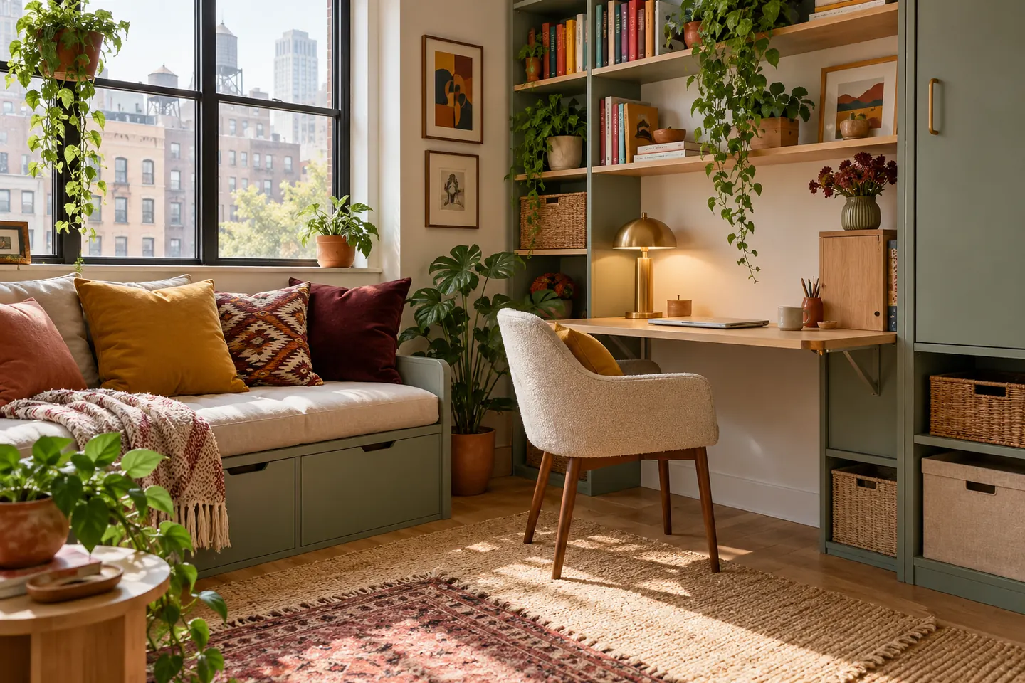Compact living room with a sofa, desk, shelving and plants arranged in clear zones.